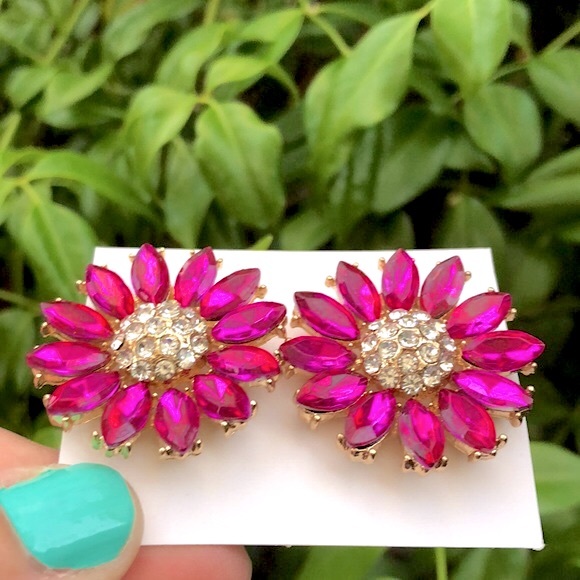 Hot Pink Sunflower Crystal Earrings - Picture 5 of 5